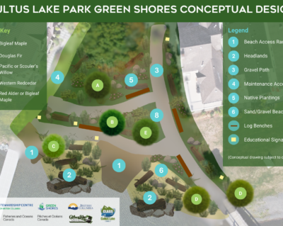 Artists rendition of Cultus Lake Park Green Shores restoration project conceptual design with legend and keys